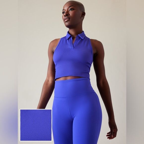 NWOT-Athleta- Aurora Seamless Crop Polo Tank blue- Size Large - Picture 3 of 8